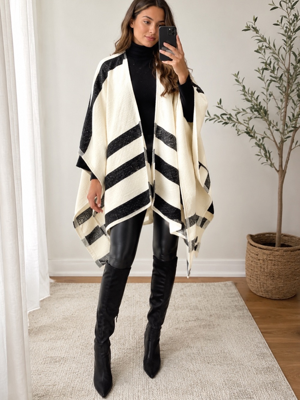 Alice + Olivia Black & Ivory Striped Knit Poncho Wrap Cape One Size
